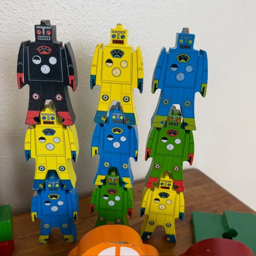 Set of Wooden Building Blocks, stacking of 9 Robots and 6 Cars